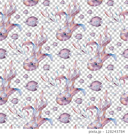 Pastel marine seamless pattern with whimsical sea plants and colorful fish clown isolated. Watercolor repeat texture hand painted soft pink lilac tones for wrapping paper, baby textiles, beach fabric. Pastel marine seamless pattern with whimsical sea plants and colorful fish clown isolated. Watercolor repeat texture hand painted soft pink lilac tones for wrapping paper, baby textiles, beach fabric. 128243784