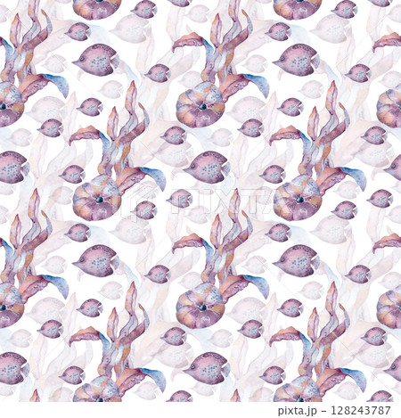 Delicate watercolor underwater life seamless pattern isolated. Hand painted ocean creatures and seaweeds in lavender and pale pink tones repeat texture. Design for home textile, marine prints. Delicate watercolor underwater life seamless pattern isolated. Hand painted ocean creatures and seaweeds in lavender and pale pink tones repeat texture. Design for home textile, marine prints. 128243787