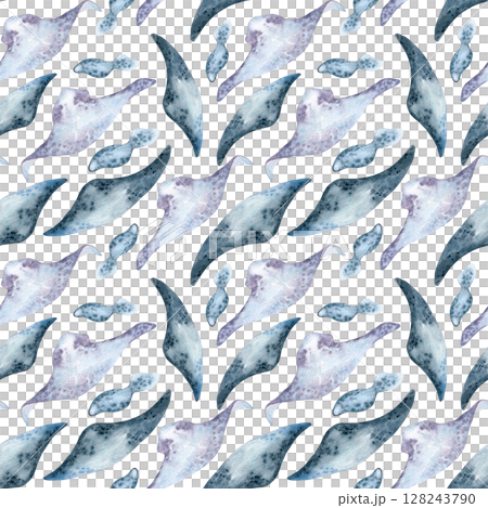 Underwater creatures in soft blue gray tones watercolor seamless pattern isolated on white. Stingrays monochrome hand drawn on repeated texture for swimwear, ocean themed packaging, marine textile. 128243790
