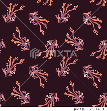 Coral wavy underwater plants on minimalist ocean seamless pattern watercolor isolated on dark. Bright sea botanical repeated texture for tropical textiles, coastal design, and marine backgrounds. 128243791
