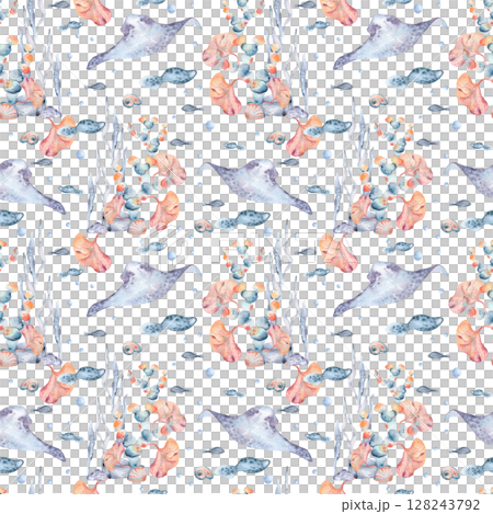 Ocean creatures in tropical marine world seamless pattern watercolor isolated. Bright seaweeds, fishes, and kelp painted orange and blue tones. Design for summer stationery, swimwear prints, fabric. 128243792
