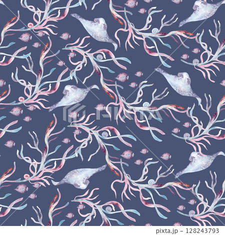 Watercolor ocean seamless texture with pastel corals, stingrays, and tropical fishes isolated. Monochrome repeated marine pattern painted for fabric, packaging, sea background, and beach accessories. 128243793