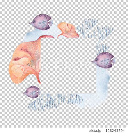Fish clown, vibrant seaweeds, colorful coral plants watercolor marine frame isolated. Hand painted underwater scene in bright tropical hues for nautical stationery, beach events, and summer decor. 128243794