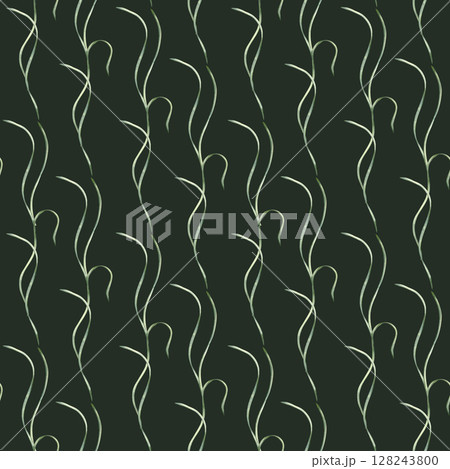 Elegant wavy greenery seamless background isolated on dark. Watercolor hand painted vines and leaves minimalist botanical repeat pattern for wallpaper, wrapping paper, and fabric design. 128243800