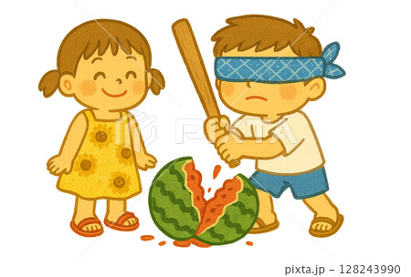 夏の風物詩|スイカ割りを楽しむ子どもたちのイラスト 夏の風物詩|スイカ割りを楽しむ子どもたちのイラスト 128243990
