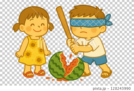 夏の風物詩|スイカ割りを楽しむ子どもたちのイラスト 夏の風物詩|スイカ割りを楽しむ子どもたちのイラスト 128243990