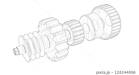 Gear drawing.Engineering project.Rotating mechanism of round parts .3d illustration. Gear drawing.Engineering project.Rotating mechanism of round parts .3d illustration. 128244006
