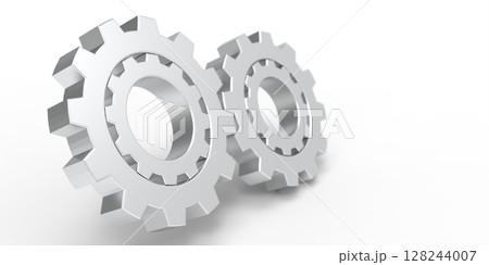 Metal gears on a white background.Engineering technical concept.Rotating mechanism of round parts .3d illustration. 128244007