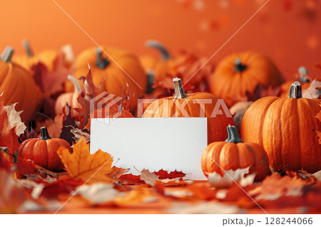 Vibrant autumn scene featuring a variety of pumpkins surrounded by colorful fallen leaves and a blank card for customizable messages or designs 128244066