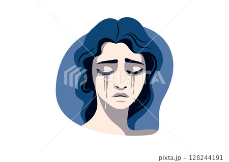 A sad woman crying, with expressive tears and closed eyes on a neutral blue background. Woman in depression. Concept of mental disorder, affliction, sorrow and anxiety. A sad woman crying, with expressive tears and closed eyes on a neutral blue background. Woman in depression. Concept of mental disorder, affliction, sorrow and anxiety. 128244191