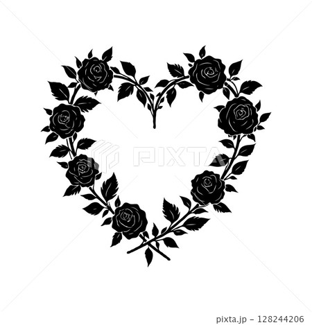 Black silhouette of roses and leaves arranged in a heart shape, flat graphic style on white background, symbol of romance and love Black silhouette of roses and leaves arranged in a heart shape, flat graphic style on white background, symbol of romance and love 128244206