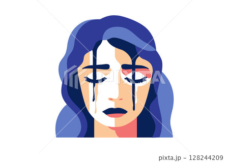 Abstract portrait of a crying woman with colorful dripping elements. Woman in tears, woman in depression. Concept of mental disorder, affliction, sorrow and anxiety. Abstract portrait of a crying woman with colorful dripping elements. Woman in tears, woman in depression. Concept of mental disorder, affliction, sorrow and anxiety. 128244209