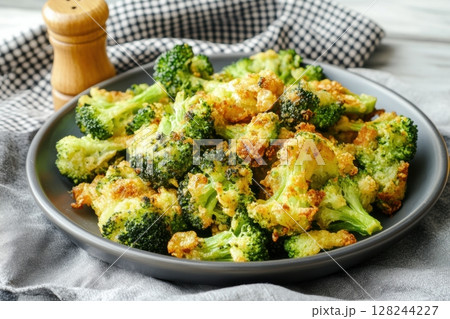 Freshly cooked fried broccoli in a golden crispy breading. The dish was served on a stylish ceramic plate and lay on a cloth napkin in cages. Suitable for food blogs, restaurant menus. Healthy eating 128244227