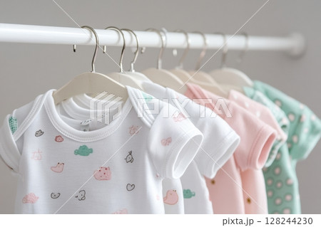 Wooden rack with children's clothes hung. Set of children bodysuits pastel colored. Clothing Rack with kid's outfit on hangers. Kids wardrobe. Baby garment. Dressing. New baby apparel in a boutique Wooden rack with children's clothes hung. Set of children bodysuits pastel colored. Clothing Rack with kid's outfit on hangers. Kids wardrobe. Baby garment. Dressing. New baby apparel in a boutique 128244230