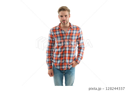Male casual style. Caucasian casual guy. Handsome guy model. Male model. Man in checkered shirt isolated on white. Stylish man portrait with hairstyle. Trendy fashion style. Modern sophistication Male casual style. Caucasian casual guy. Handsome guy model. Male model. Man in checkered shirt isolated on white. Stylish man portrait with hairstyle. Trendy fashion style. Modern sophistication 128244337