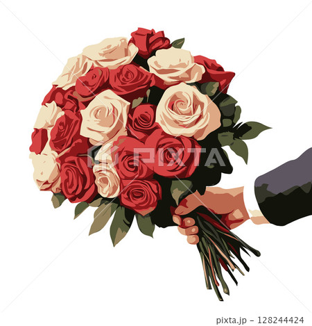 Man hand holding bouquet of red and white roses, stylized graphic style on white background, concept of love, celebration or romance flower delivery 128244424