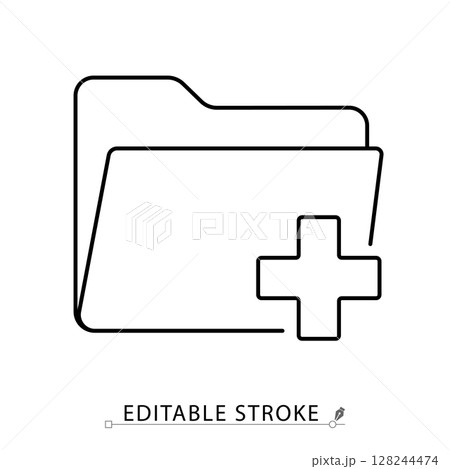 A medical folder icon in minimalist style with editable stroke. Health record, patient file, clinical archive, hospital document, diagnosis storage, medical data, outline drawing, vector illustration. 128244474
