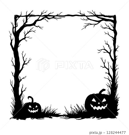Silhouette frame with creepy trees and smiling jack-o'-lanterns on white background, concept of Halloween decoration and spooky design 128244477