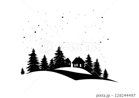 Silhouette of a cozy cabin among pine trees on snowy hills with stars above, in black on white background, concept of winter forest night 128244497