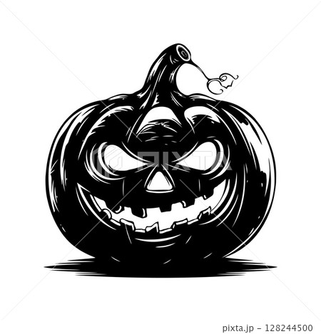 Scary carved pumpkin with menacing face in monochrome ink drawing style on white background. Concept of Halloween horror and spooky decoration 128244500