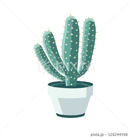 Green cactus with white thorns in a white pot, illustrated in a simple and minimalist style, displayed on a white background, plant concept 128244598