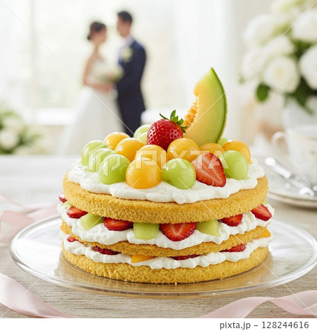 手作りのウェディングケーキと新郎新婦｜フルーツいっぱいの結婚式、お祝いのデザート 128244616