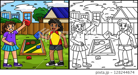 Cornhole Girls Playing Coloring Page Illustration  128244674