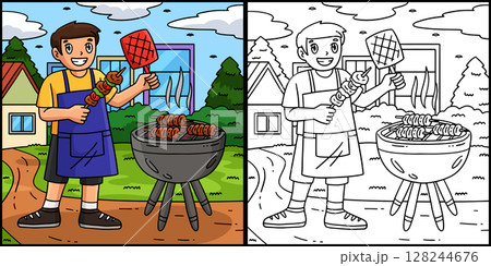 BBQ and Boy Grilling Skewers Coloring Illustration BBQ and Boy Grilling Skewers Coloring Illustration 128244676
