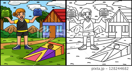 Cornhole Girl with Bags Coloring Page Illustration 128244682