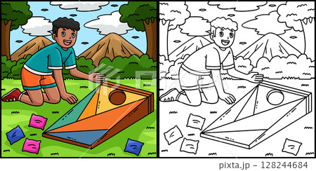 Cornhole Boy Setting Up Board Colored Illustration 128244684