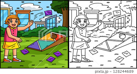 Cornhole Girl Shooting Bag Coloring Illustration  128244689