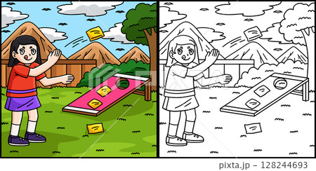 Cornhole Girl Practicing Coloring Illustration  128244693