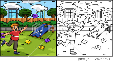 Cornhole Boy Tossing Bags Coloring Illustration Cornhole Boy Tossing Bags Coloring Illustration 128244694