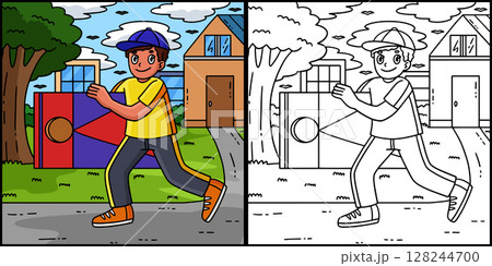 Cornhole Boy Carrying Board Coloring Illustration  128244700