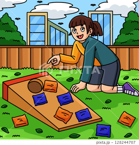Cornhole Girl Counting the Score Colored Cartoon  128244707