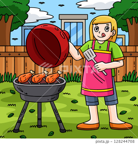 BBQ and Girl Grilling Chicken Colored Cartoon  128244708