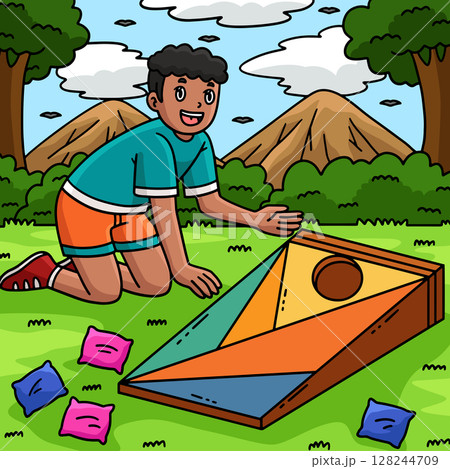 Cornhole Boy Setting Up Board Colored Cartoon  128244709