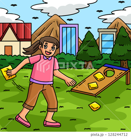 Cornhole Girl Ready to Shoot the Bag Colored  128244712