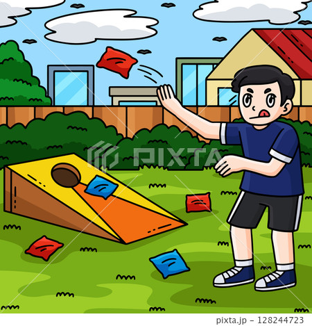Cornhole Boy Practicing Colored Cartoon  128244723