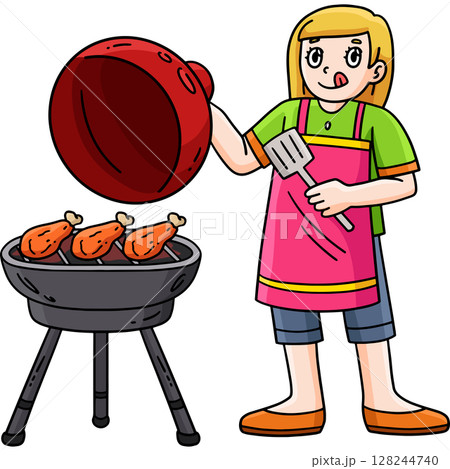BBQ and a Girl Grilling Chicken Cartoon Clipart  128244740