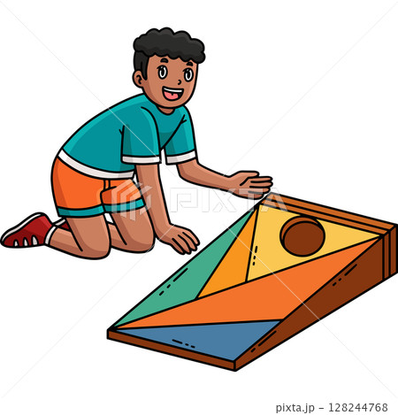 Cornhole Boy Setting Up Board Cartoon Clipart  128244768