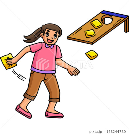 Cornhole Girl Ready to Shoot Bag Cartoon Clipart  128244780