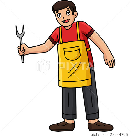 BBQ and Grilling Dad Holding Fork Cartoon Clipart  128244796
