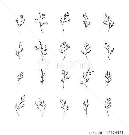 Simple Botanical Twigs. A minimalist arrangement of hand-drawn botanical twigs with clean, natural lines and delicate leaves, perfect for subtle nature-themed compositions. Simple Botanical Twigs. A minimalist arrangement of hand-drawn botanical twigs with clean, natural lines and delicate leaves, perfect for subtle nature-themed compositions. 128244814