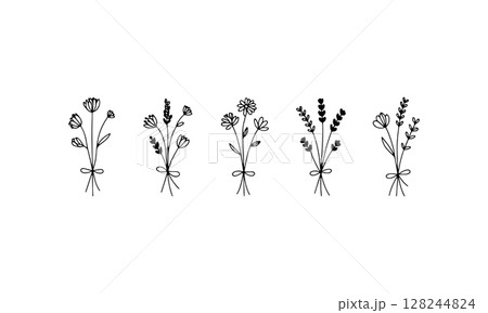 Standing Wildflower Sprigs. A vertical arrangement of hand-drawn flower stems with balanced linework, perfect for botanical layouts or nature-inspired graphics. Standing Wildflower Sprigs. A vertical arrangement of hand-drawn flower stems with balanced linework, perfect for botanical layouts or nature-inspired graphics. 128244824
