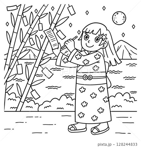 Tanbata Girl Writing a Wish Coloring Page for Kids 128244833