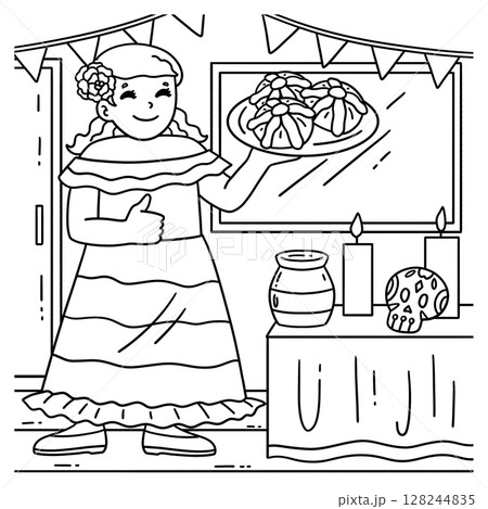 Dia de los Muertos Mom with Pan De Muerto Coloring 128244835