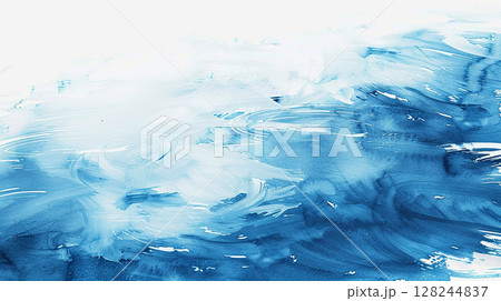 青の水彩画　筆テクスチャー背景イラスト　Generative AI 128244837