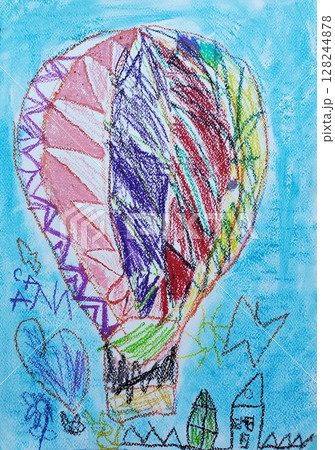 Naive art picture of hot air balloon on light blue background. Handdrawn artwork created by 5s child using chalk pastel and oil crayons. Art education for children Naive art picture of hot air balloon on light blue background. Handdrawn artwork created by 5s child using chalk pastel and oil crayons. Art education for children 128244878