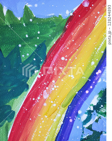 Diagonal rainbow on abstract blue green background. Colored stripes of vibrant colors with drops of white paint. Colorful painted striped texture and white blots look like snowfall 128244893